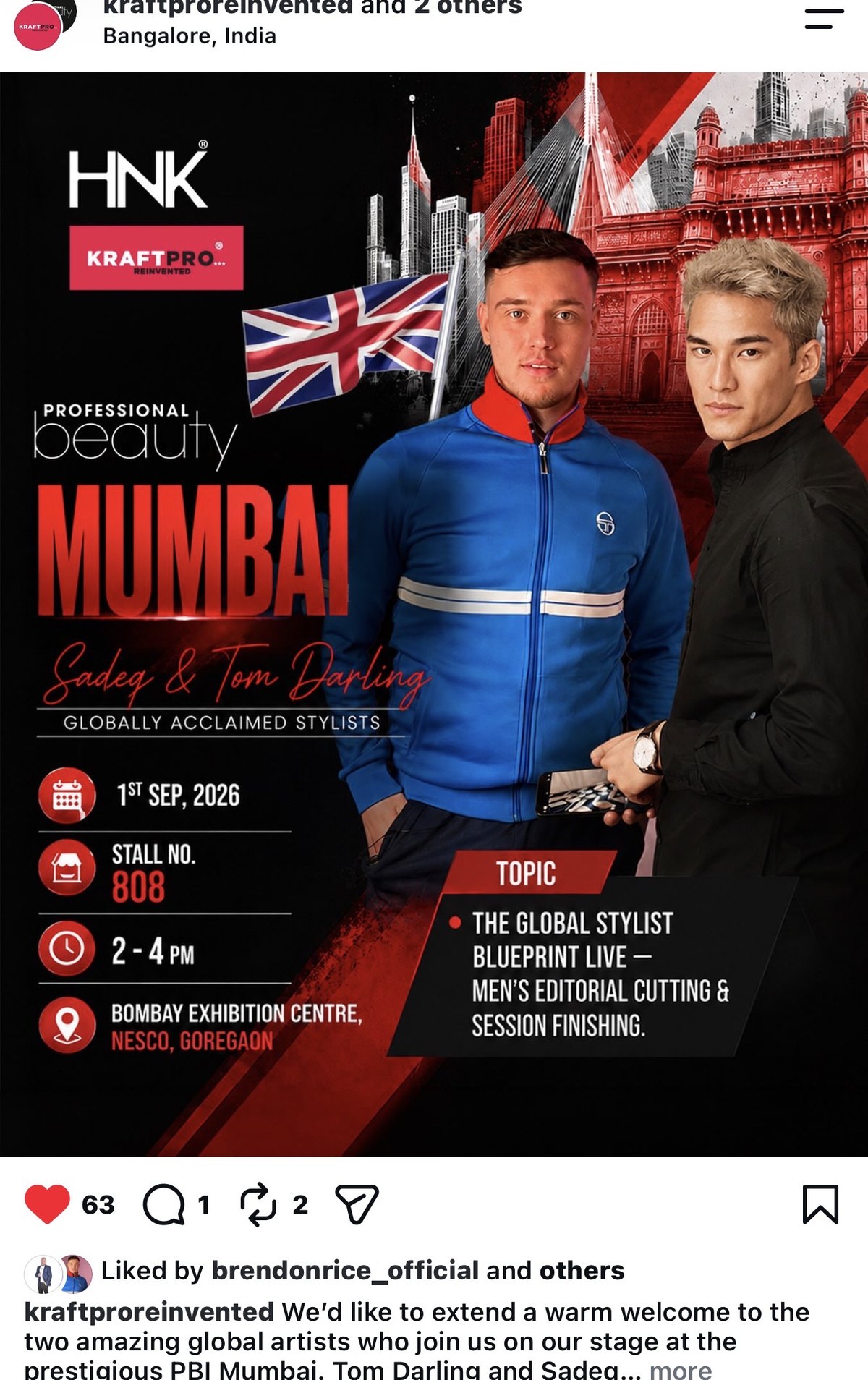KraftPro and HNK poster welcoming Tom Darling and Sadeq for The Global Stylist Blueprint Live at Professional Beauty Mumbai, stall 808