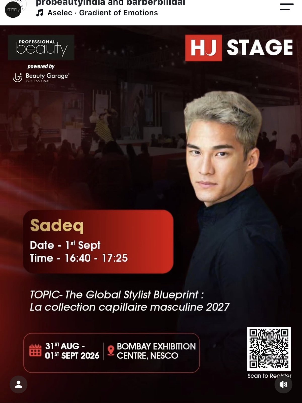 Professional Beauty India poster: Sadeq presenting The Global Stylist Blueprint on the HJ Stage, Mumbai, 1 September 2026