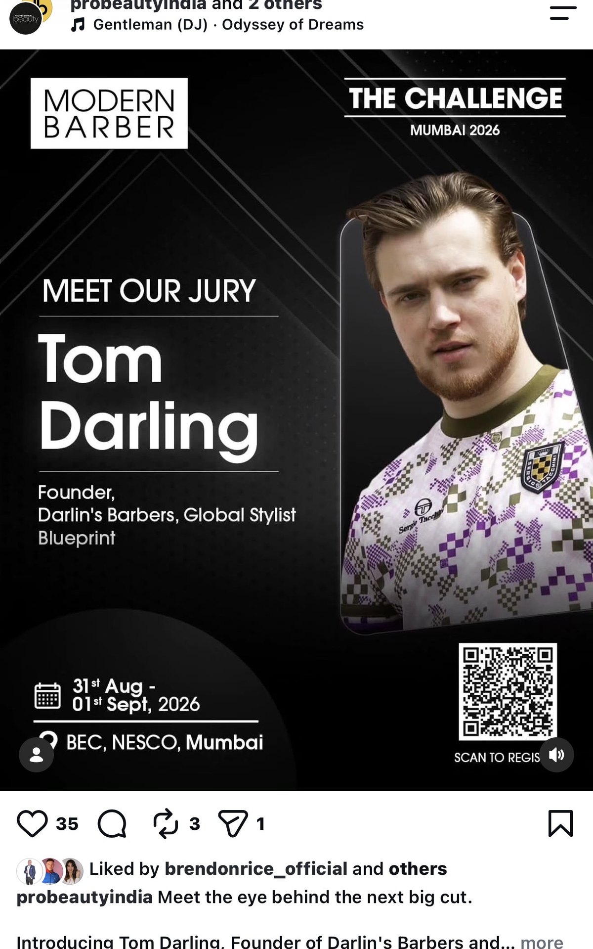 Modern Barber Challenge Mumbai 2026 poster announcing Tom Darling as jury